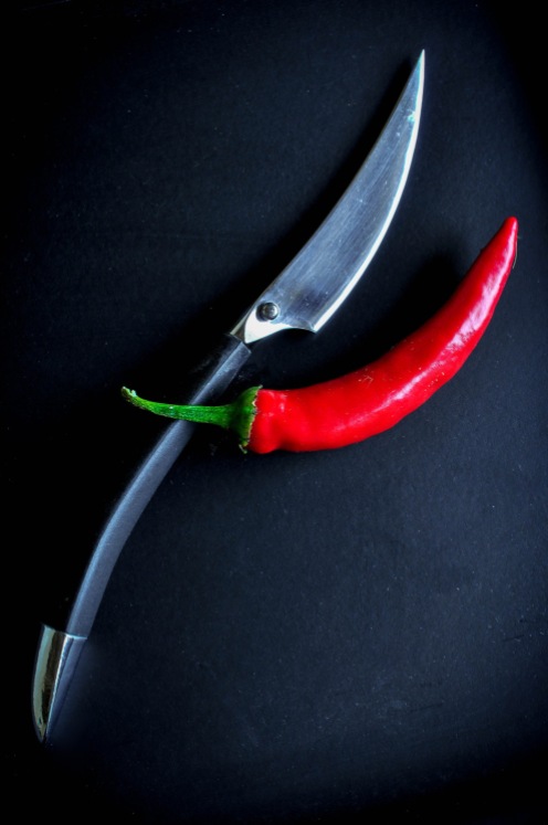 Chilli and knife on black